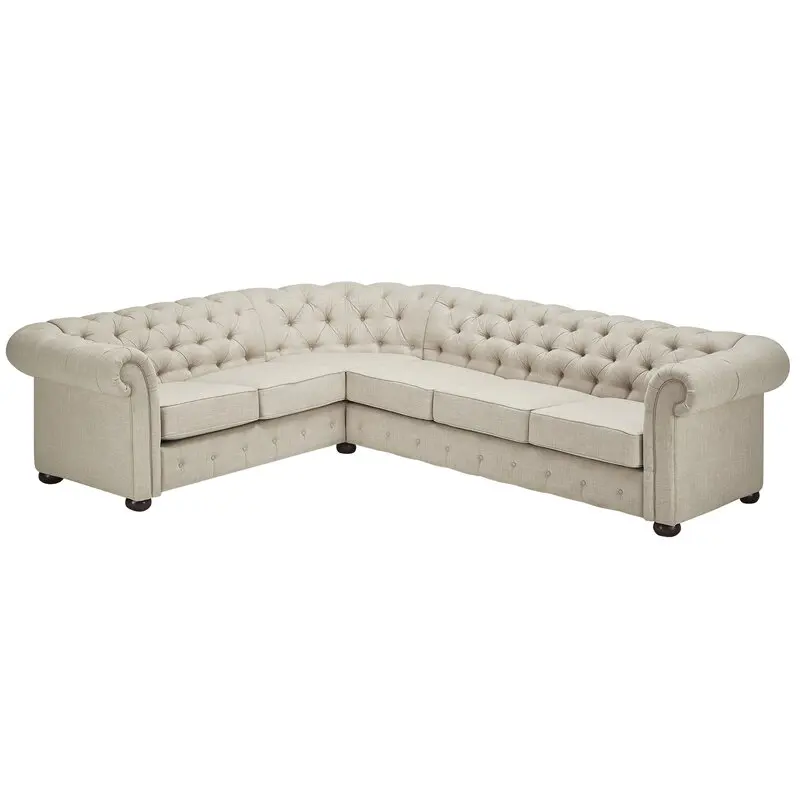 L Shape Sectional Curved Linen Tufted Settee Wood Chesterfield Sofa for Living Room Lounge Room