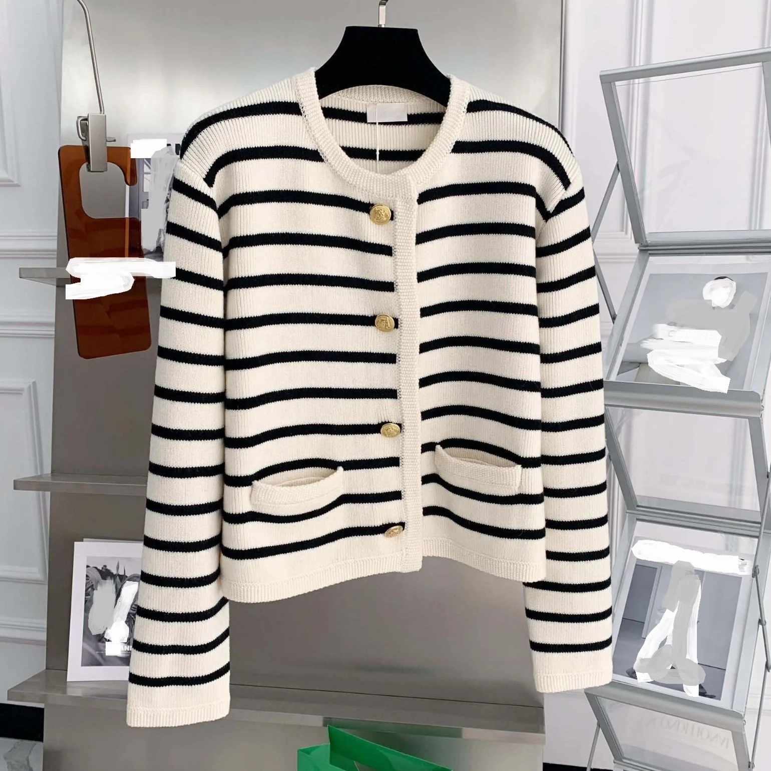 Round Neck Color Clashing Striped Knitted Cardigan Women Spring Autumn French Loose Short Sweater Jacket