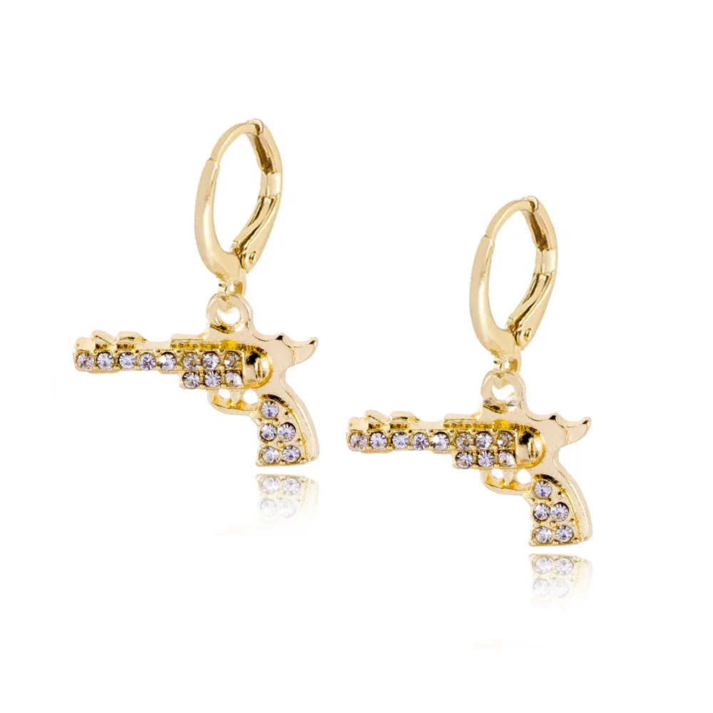 New Trendy Revolver Gun Shape Rhinestone Dangle Earrings for Women Girl Drop Earrings Cute Small Object Earring Fashion Jewelry