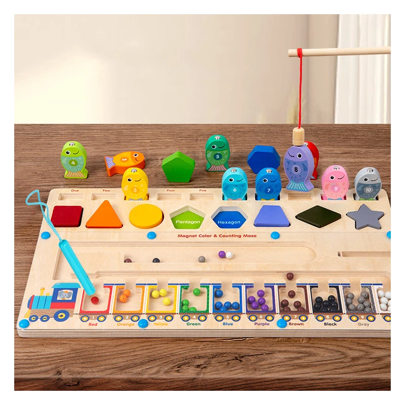 3 in 1 Montessori Toys Magnetic Color and Number Maze Shape Match Fishing Game Baby Educational Toy