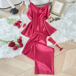 Two-Piece Elastic Waist Solid Casual Suspender Pants Set Fashionable Ice Silk Pajama Comfortable Satin Material Spring