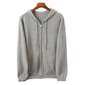 Men's 100% Cashmere Breathable Quick Dry Cardigan Winter Sports Coat with Zipper and Knitted Hood Age-Reducing Leisure Sweater