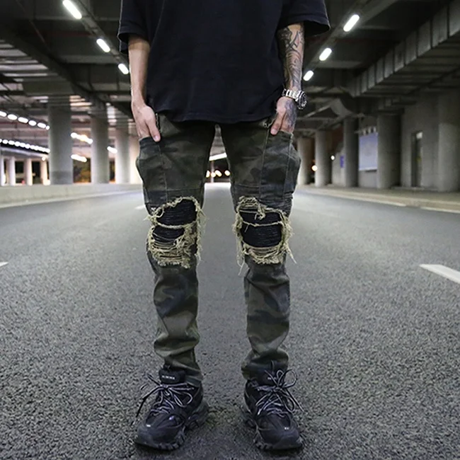 Stock Casual Dark Washed Distressed Jeans Men Vintage Holes Destroyed Knee  Patchwork Garment Cargo Pants Dropshipping