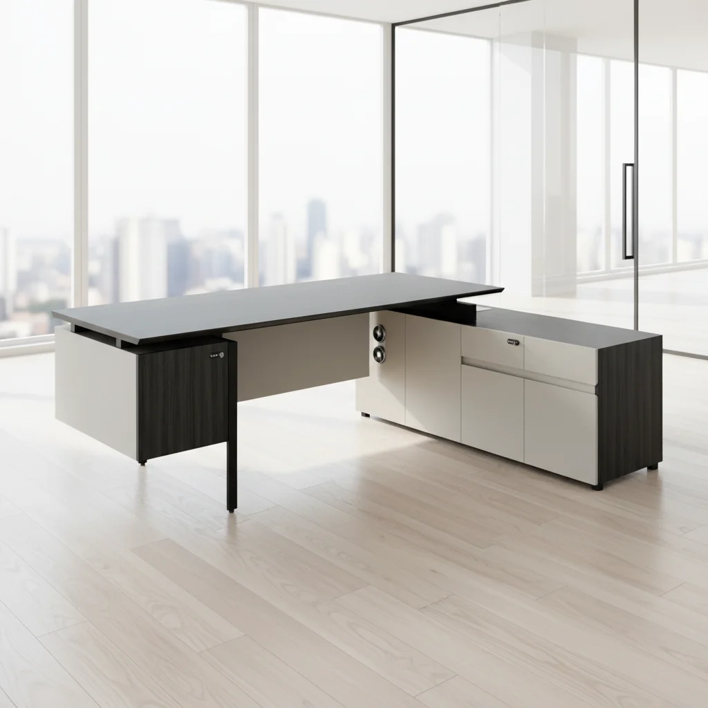 Premium Modern Durable Executive Office Desk Custom Height Wood Top Steel Legs Storage Drawers Cabinet Office Furniture 4