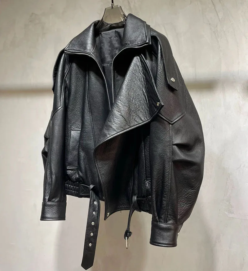 2024 Autumn New Loose Lamb Foam Skin Leather Jacket Women Silhouette Motorcycle Bomber Coat Short Genuine Sheep Leather Jacket