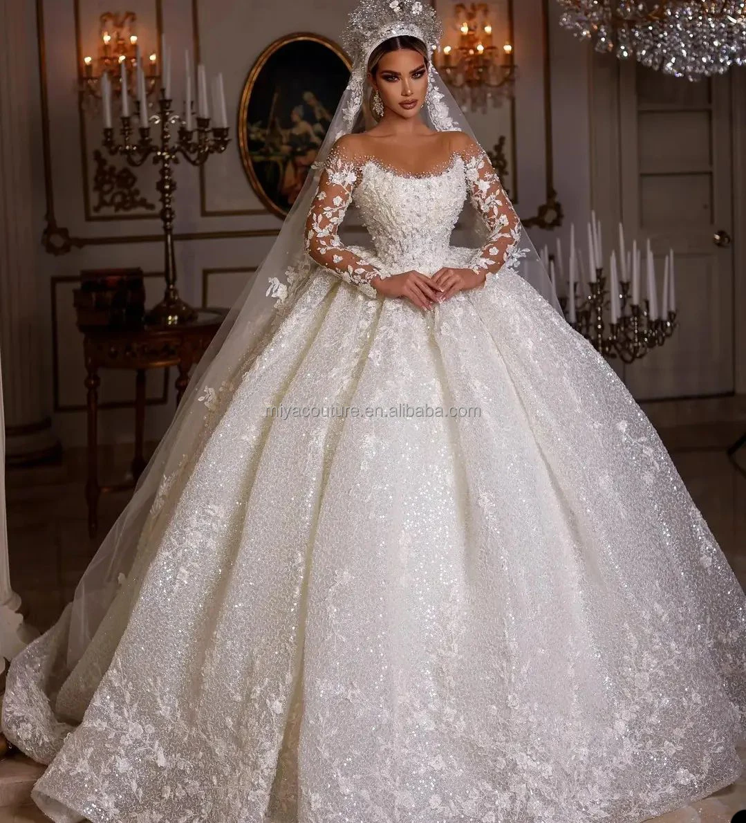 Luxury Ball Gown Princess Long Sleeves Bridal Gowns Sparky White Bride ...