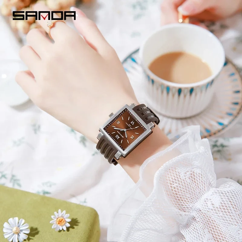 Sanda 3208 New Luxury Fashion Quartz Wrist Watch Girls Pointer Square Design Women's  Silicone Strap Wristwatches for Women Gift