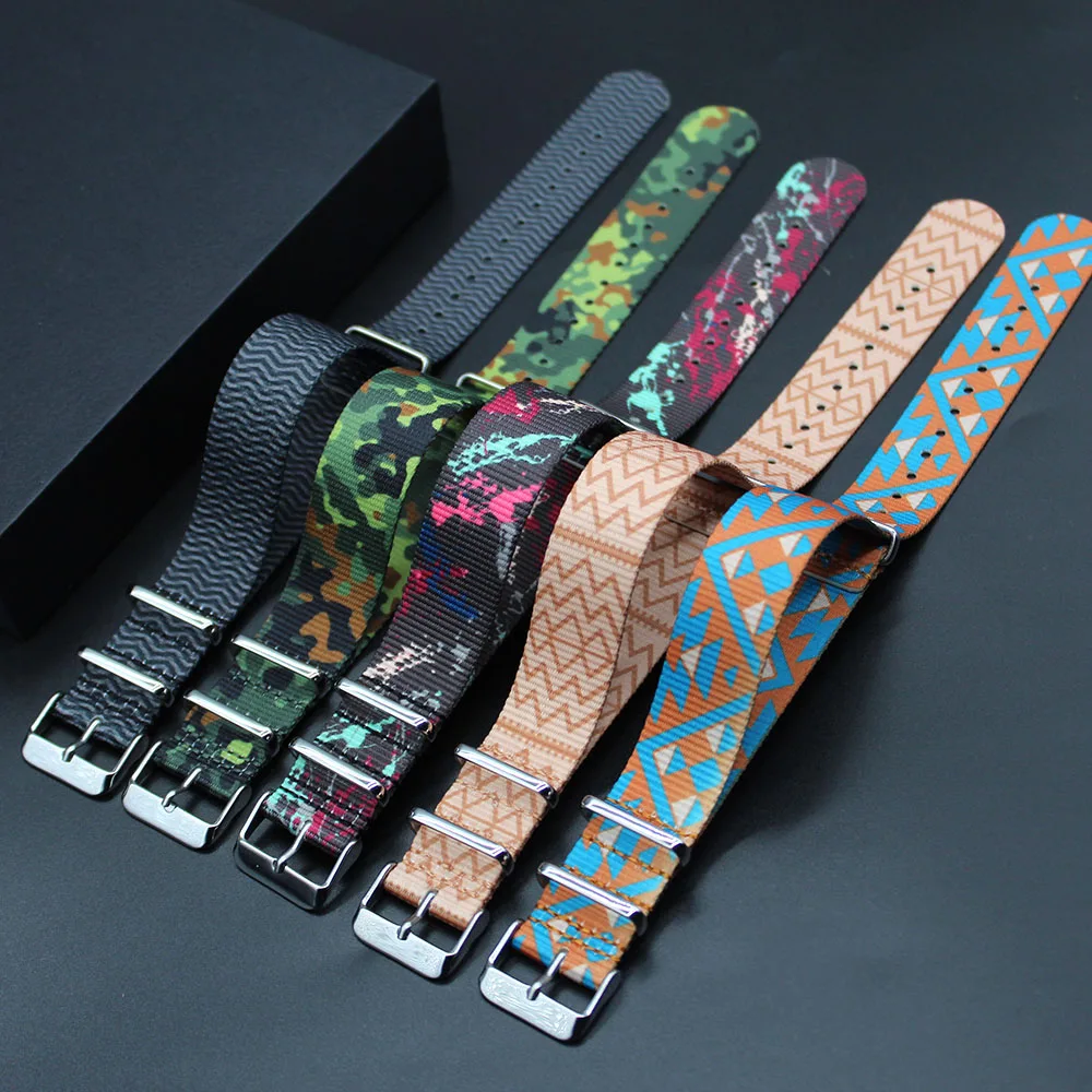 New Pattern Custom Hot Printed Fabric Woven Polyester Nylon Camo Watch Watch Strap Band 20mm Wholesale Manufacturer