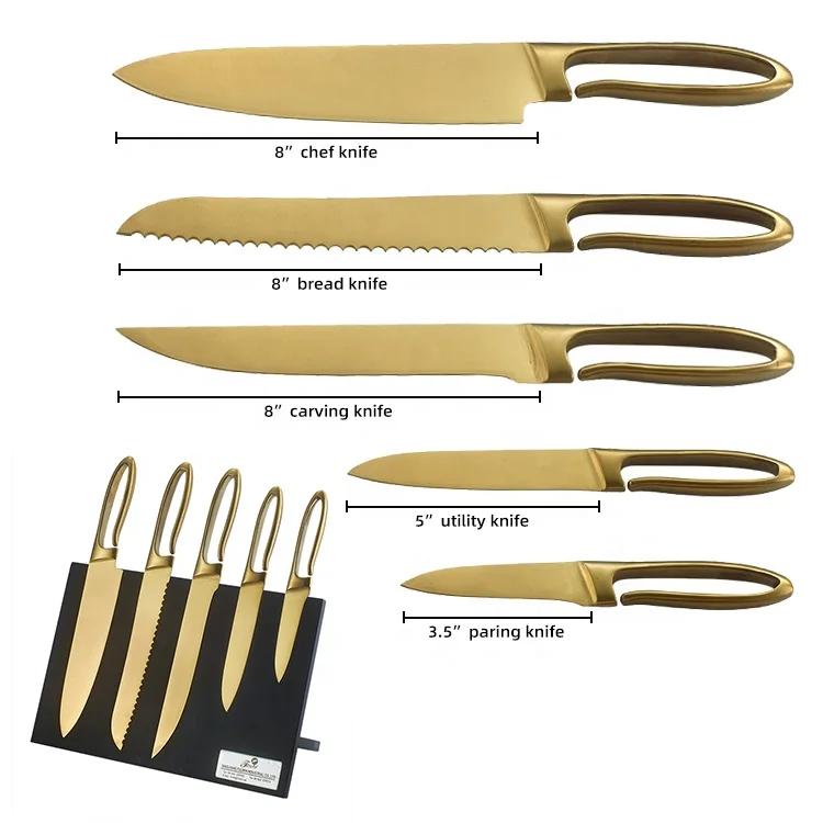 Custom Gold Titanium chef Kitchen knives set Stainless Steel Knives Set  With Black Block