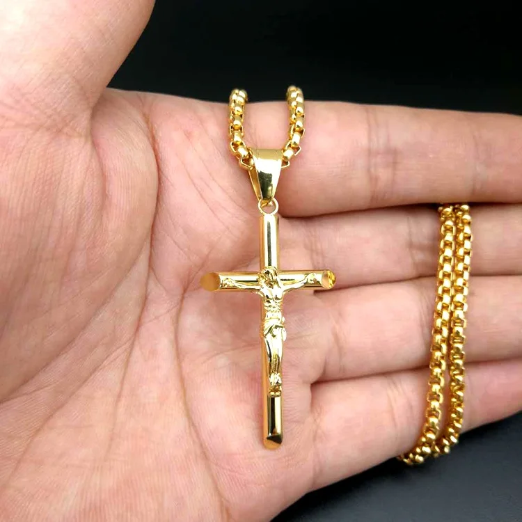 Stainless Steel Box Chain Cross Pendant Necklace – 18-36" Adjustable – Gold/Silver/Black Plated – Men's