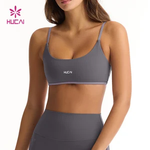 HUCAI Custom Nylon Scoop Neckline Thin Straps Contrast Color Open Back Adjustable Yoga Gym Sports Bra Women
