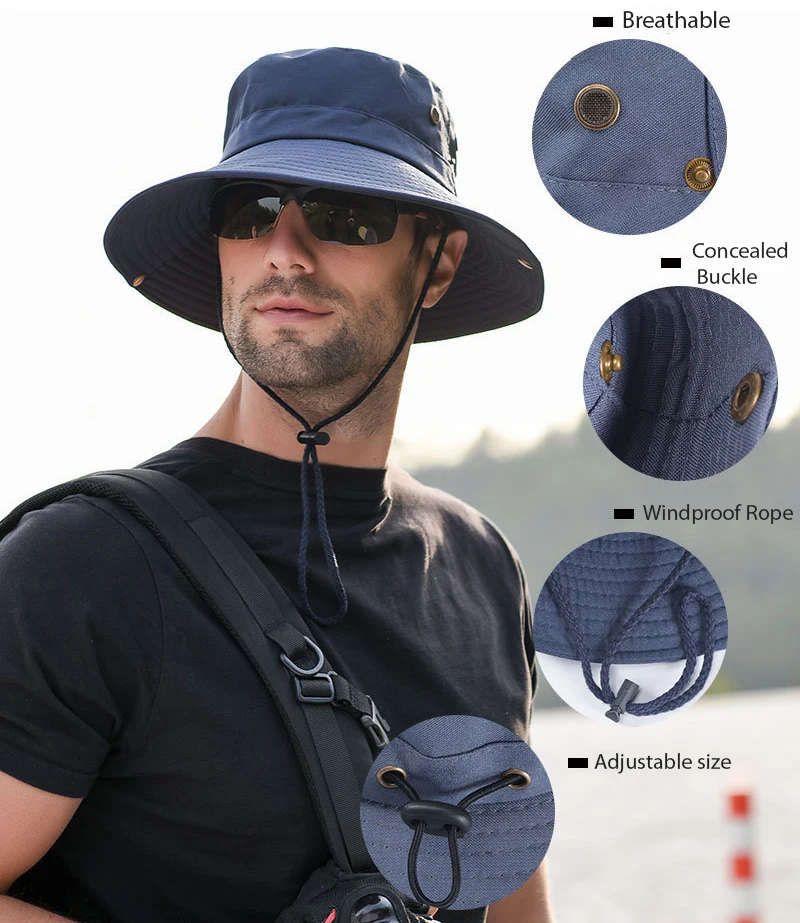 Outdoor Men's Sun protection Big Brim Breathable Sun Hat Fishing Bucket Hat Hiking Cap