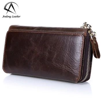 Andong Factory Genuine Leather Long Wallets for Men RFID Blocking Top Layer Cowhide Cow Leather Buckle Zipper Purse Clutch Bag