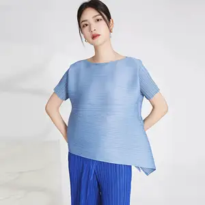 Miyake Women's Pleated T-Shirt Short Sleeve Casual Style Loose Fashionable Pleated Shirt With Printed Decoration for Summer