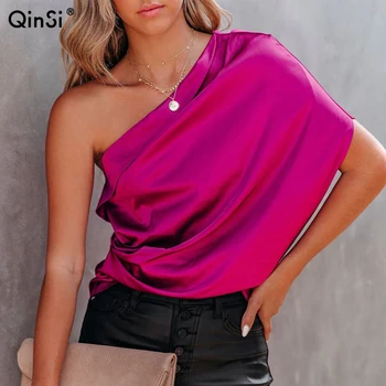 QINSI 2022 Sexy Summer Off The Shoulder Top Women Elegant Sleeveless Loose Vintage Tunic Women Designer Shirts Satin Silk Blouse