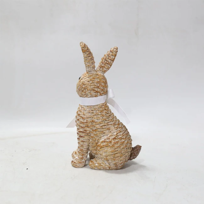 2024 Easter Small Rabbit Decoration Resin Natural Rattan Wicker Bunnies Statue Rabbit with White Bow Polyresin Home Decoration