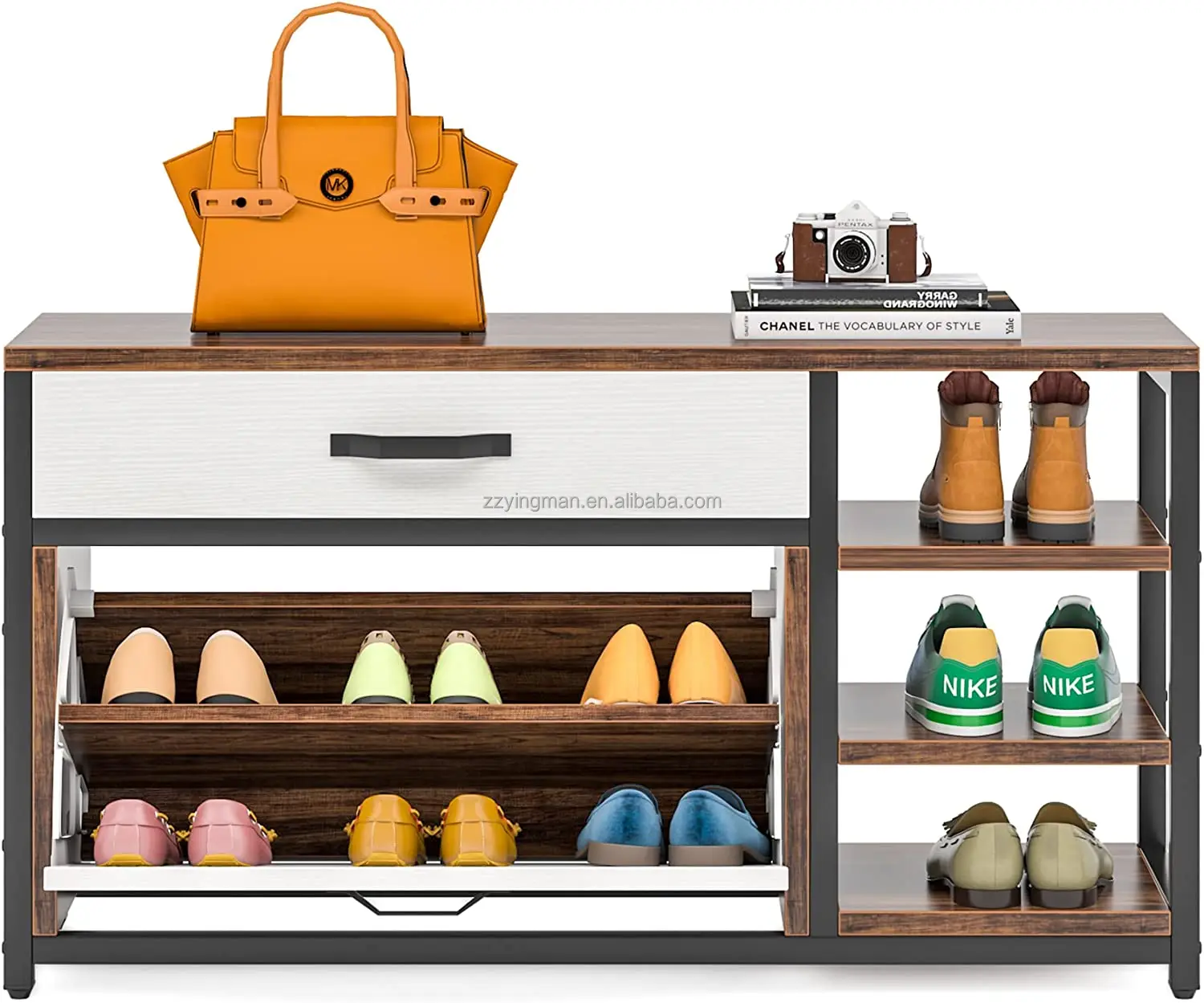 Hallway Hidden Shoe With Drawer And 4 Tiers Shelves,4 In 1