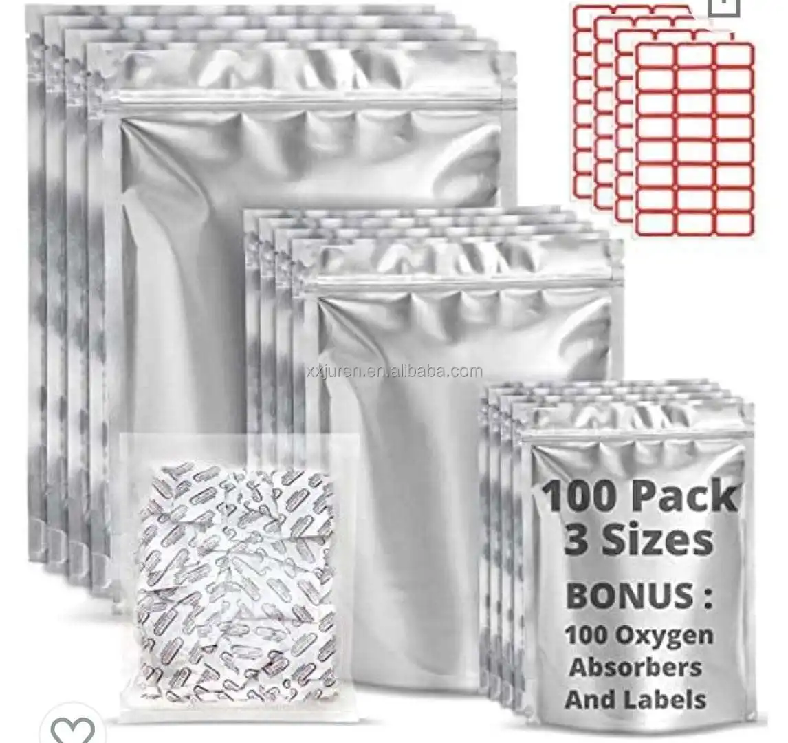 Premount 100 Mylar Bags For Food Storage With Oxygen Absorbers 300cc 1 Gallon 4 Mil 10"x14",6