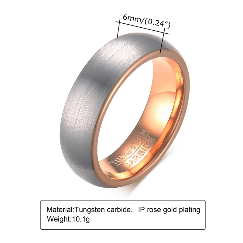 6mm Classic Tungsten Wedding Band for Men with Comfort Fit and Black Rose Gold Two-Tone Design