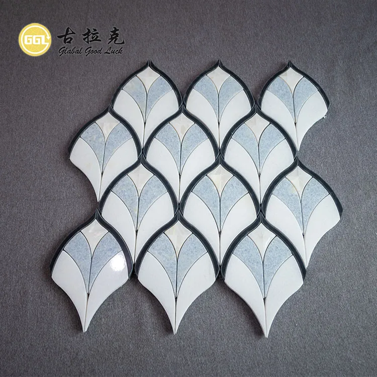 Fan Shape Marble Inlay Shell Pattern Waterjet Mosaic For Background Floor Tiles