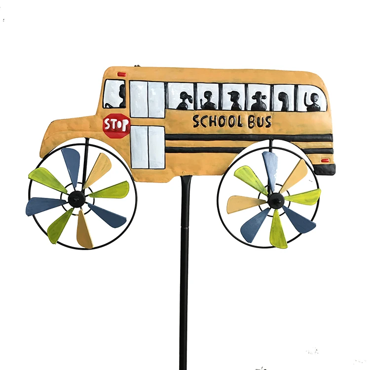 Novelty School Bus Windmills Metal Large Kinetic Wind Sculpture Wind Spinners