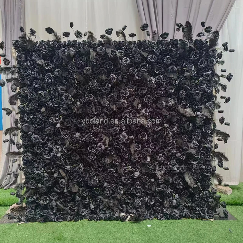K13 Custom 3D Roll up Fabric Fake Flower Wall Panel Backdrop Black Silk Rose Artificial Flower Wall for Wedding Home Salon Decor