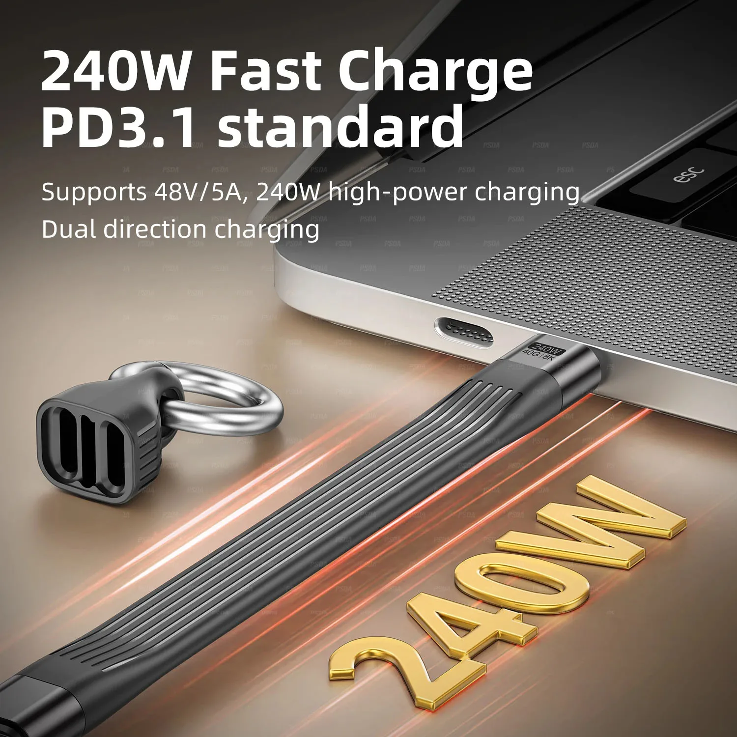 HD 8K Fast Speed 40Gbps Data Transmission 5A Fast Charging 2-in-1 Nylon ...