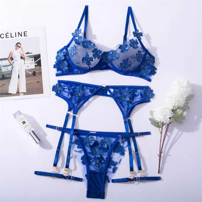 New Design Six Piece Women Sexy Blue Bras With Garter Belt Lace Panty Thongs Embroidery Transparent Flower Lingerie Set