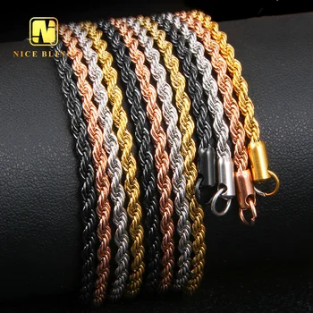 Cheap price rope chains 3mm hip hop necklace 316l stainless steel rope chain black gold plated waterproof for men women