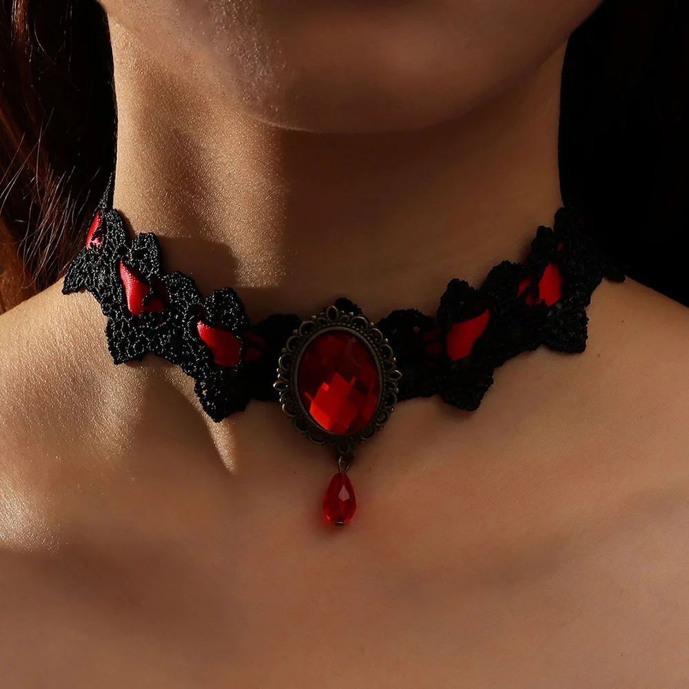 Gothic Vampire Jewelry Set - Black Lace Choker with Red Rhinestone