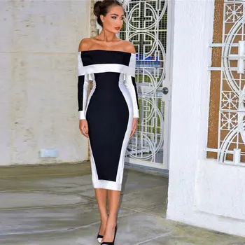 Wholesale high quality black and white new design women off-shoulder knitted casual bodycon bandage ropa mujer midi dress