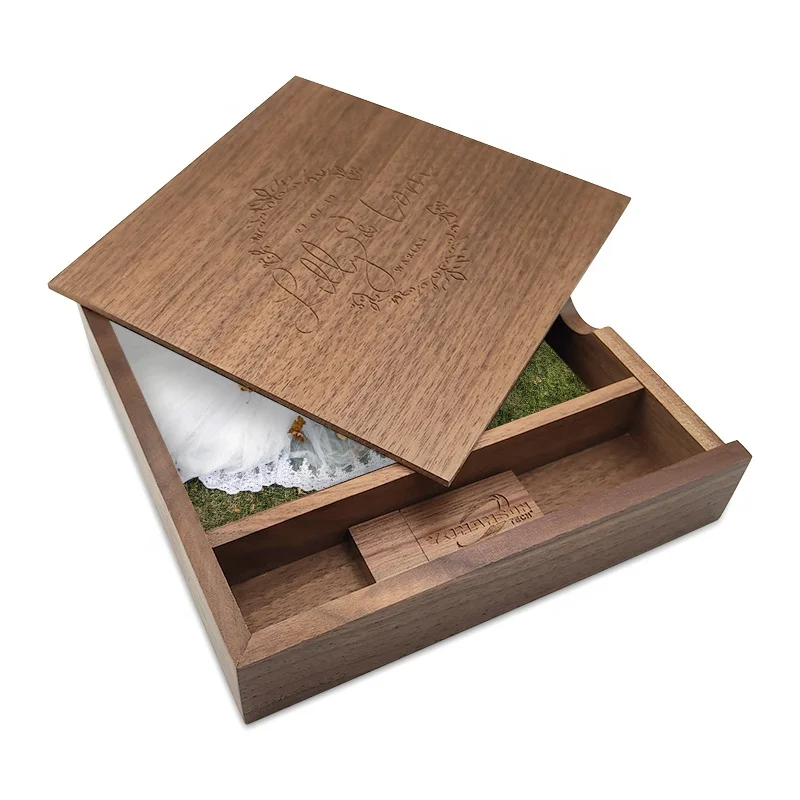 Walnut Wooden Photo Album Box + USB Flash Drive Wedding Gifts Custom