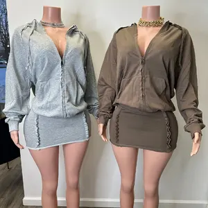 Huili Manufacturer Oem 2025 Light Weight Zip up Hoodie & Mini Dress Two Piece Custom logo Skirt Sets Women 2 Piece Outfits