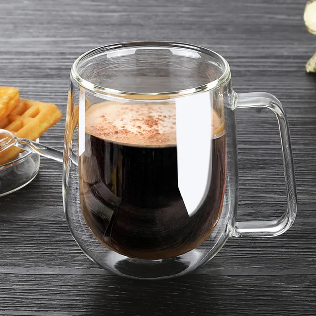 Double Wall Clear Glass Travel Mug with Handle round Mouth Coffee Cup for Bar Use Safe Glass Drink Cups Lids Included