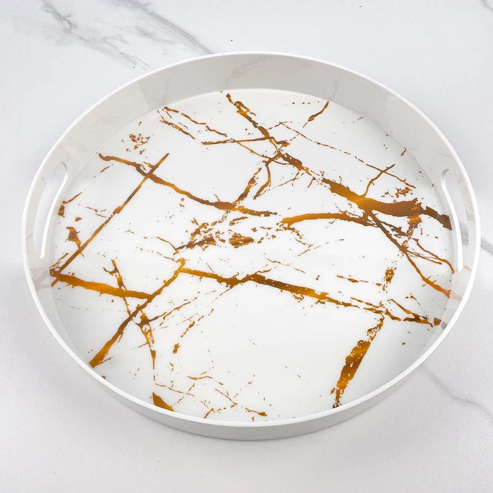 New Arrival Custom Seamless Marble Design White Gold Stamping Restaurant Unbreakable Bulk Nordic Melamine Tray
