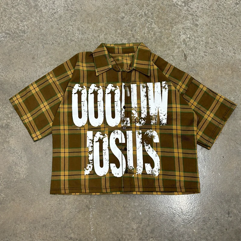 Salati Custom Designer Print Logo Cropped Vintage Shorts Sleeve Button Down up T-shirts Check Tshirts Plaid Flannel Shirts Men gallery 10