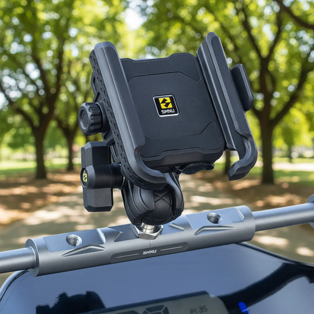 SMNU N2 motociklo telefono laikiklis, telefono statyklė, sugeria smūgius, navigacinė važiavimo statyklė lauko sąlygomis, kelionėms motociklu