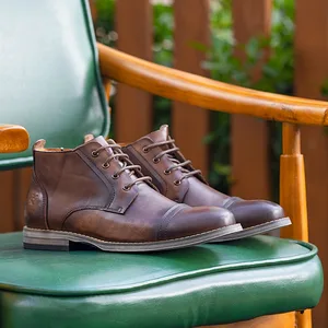 CEO'S CHOICE 2026 Men's Genuine Leather Oxford Boots Italian Round Toe Gold Eyelets Fleece-lined Boots for Winter