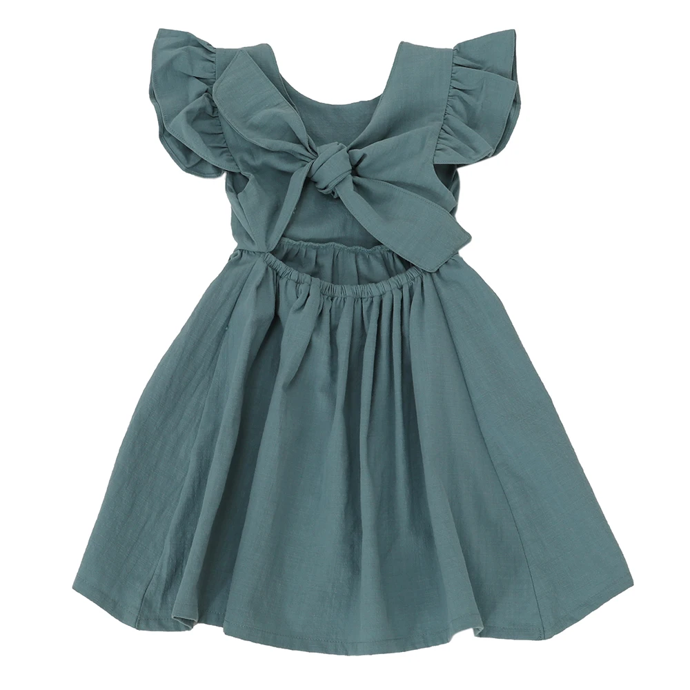 OEM-Сервис, льняной Сарафан для маленьких девочек, одежда, повседневное Плиссированное Платье для малышей, однотонное винтажное платье с открытой спиной для маленьких девочек