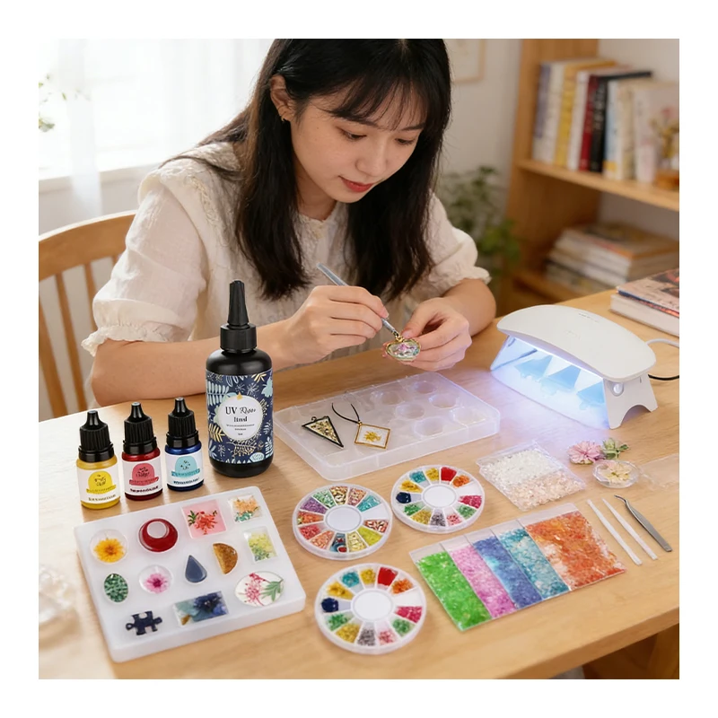 TOYSRUNNER DIY Jewelry Kit Play Resin Crystal Clear Hard UV LED Lamp Silicone Molds Glitter Foil Flowers Pendants Keychains - Image 2