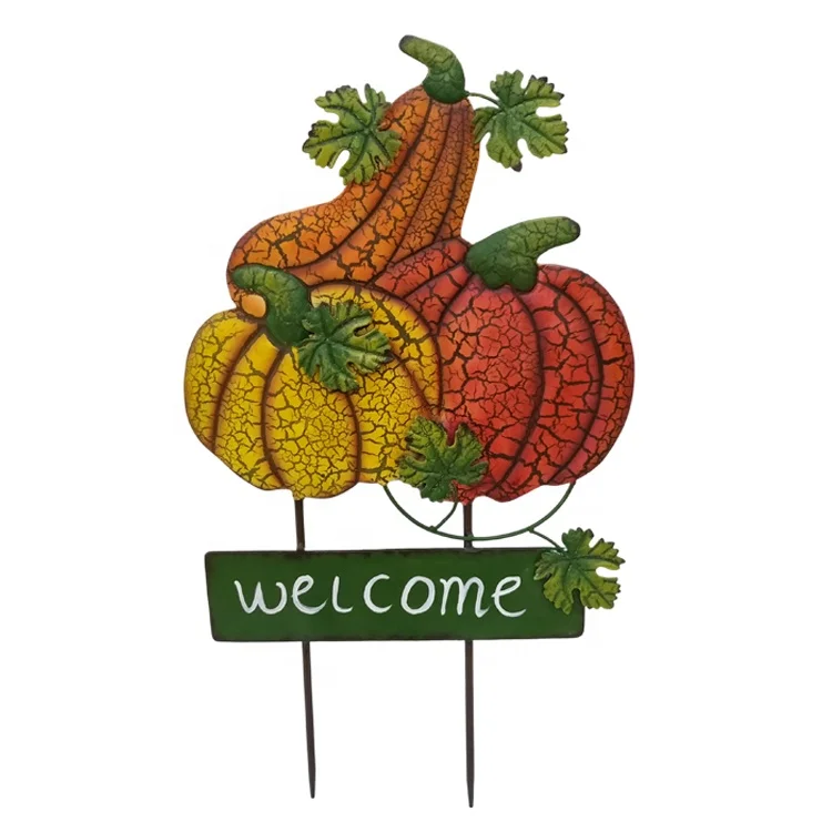 Fall Metal Pumpkin Yard Stake Rustic Cutout Harvest Pumpkin Yard Welcome Sign with Stakes Standing Thanksgiving 