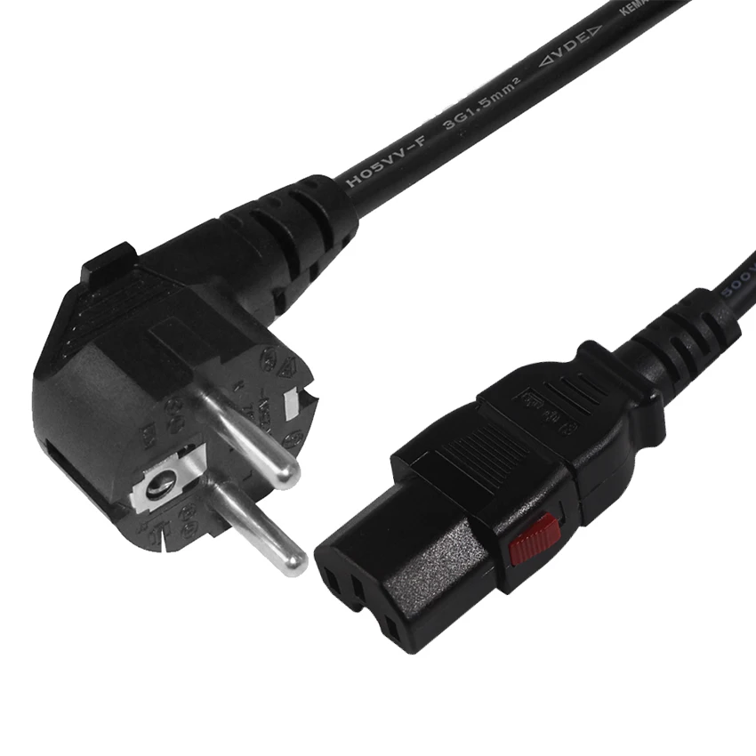 European Computer Power Supply Cord 3 Pins Schuko Plug and Dislockable Locking Lock C15 IEC C13 Lockable Connector