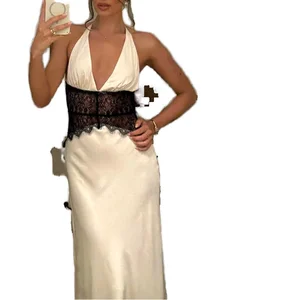 Customize New Women's Natural Waistline Eco-Friendly Casual Maxi Dress with Deep V-neck Backless Lace Detail Sexy Regular Fit