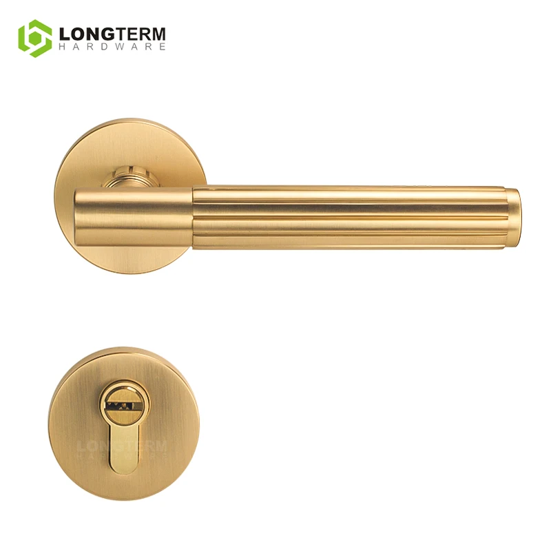 Tubular Lever Set Interior Mortise Lock Door Handle Solid Brushed Brass Bedroom Door Locks and Handles for Wooden Doors