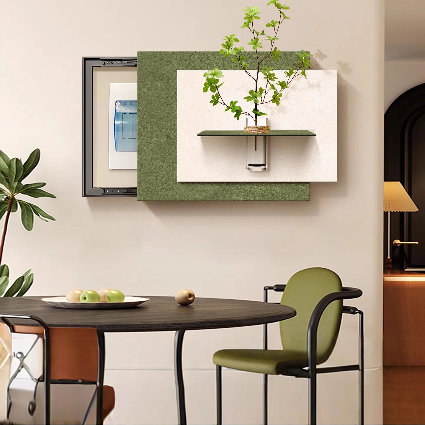 Green Beige Electrical Box Cover Wall Art Canvas Print Textured 3D Plant Shelf Minimalist Wabi Sabi Neutral Home Decor