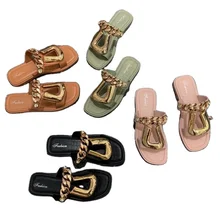 AB Factory Price Luxury Fashion Vintage Female Summer Sandals personality metal chain square toe flat leather slippers for women