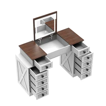 Space-Saving Vanity Desk with Dimmable LED Light Flip Mirror 10 Drawers Stool Large Storage Makeup Table Set White+Walnut Finish