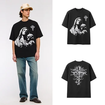 Gothic Black T-shirt with Spiked Cross & Graven Image Print - Vision Text Dark Fashion Apparel