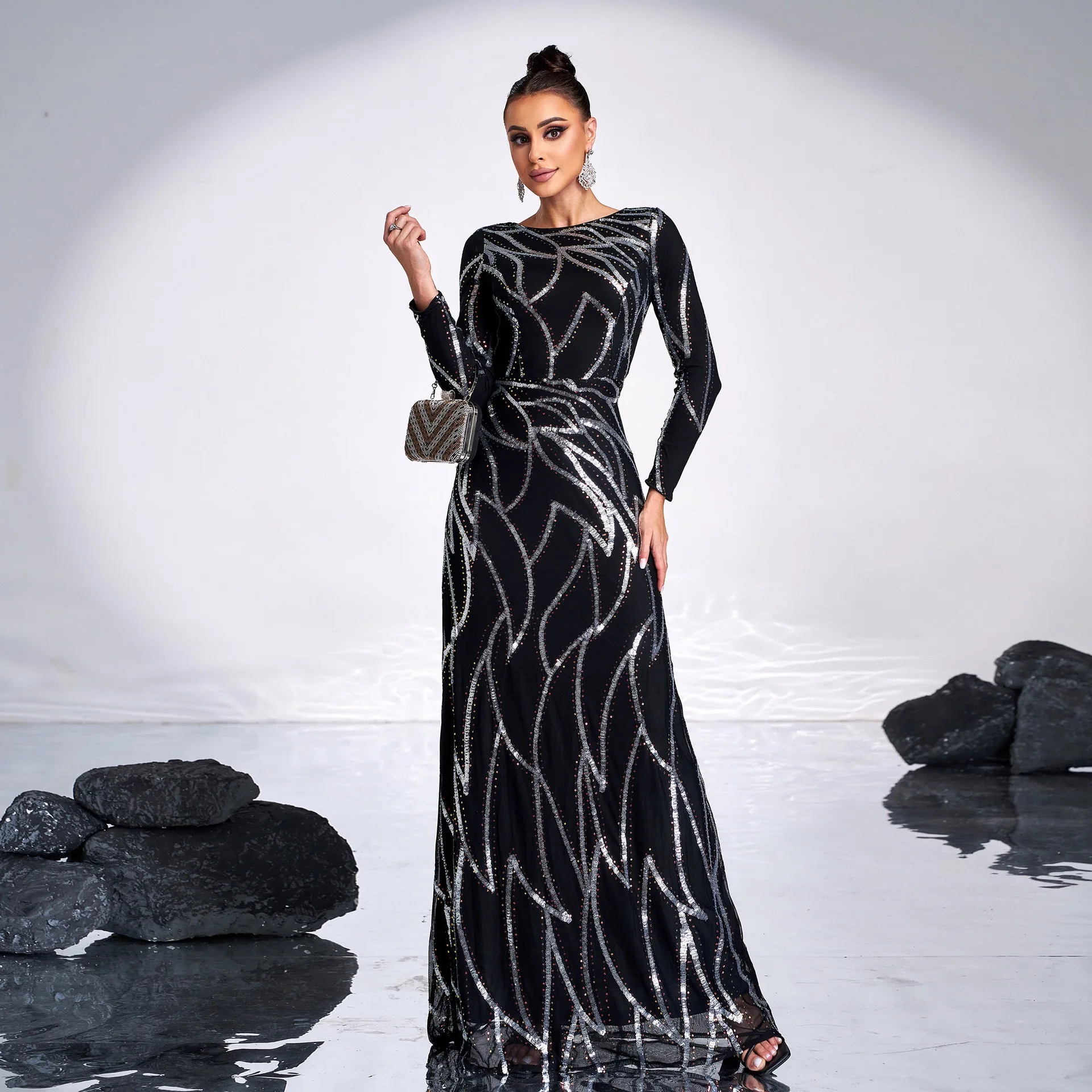 In Stock Wrap Skirt US and Europe Luxury Slim Fit Long Dress Fishtail Design Contrast Colors Sequined Modest Evening Dress
