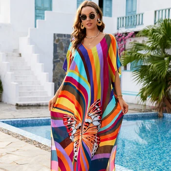 Butterfly Kaftan Abaya Islamic Stripe Woman Clothing Rayon Long Ladies Dresses Beach Caftan Swimsuit Cover Up